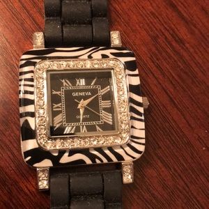 Ladies zebra print watch with black rubber band